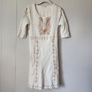 Nurture Boho Cottage Cotton Cream Orange Harvest Embroidered Lace Dress Small